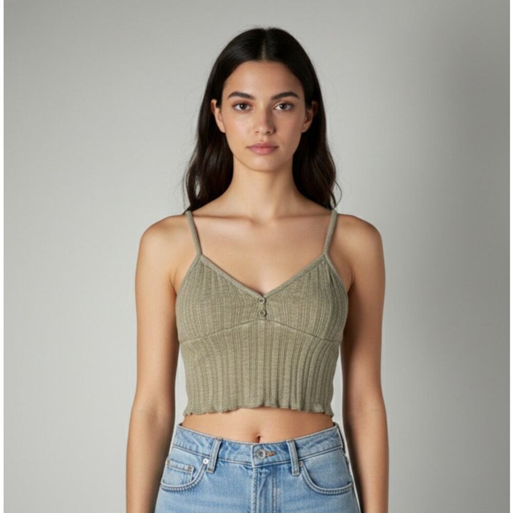 Dress Forum Womens Ribbed Strappy Crop Tank Top Casual V-Neck Beige Size Small